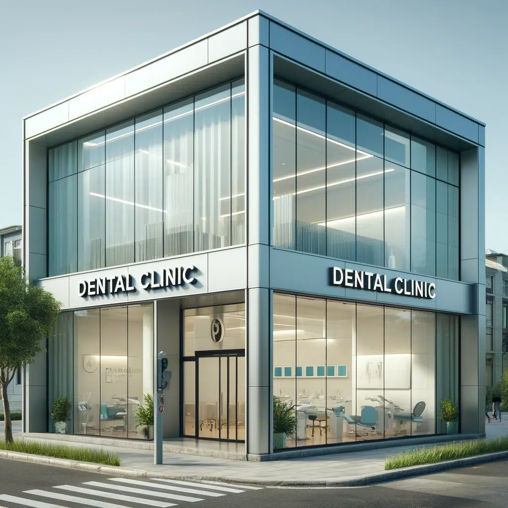 DALL·E 2024 05 14 14.51.55 A realistic photo of a dental clinic as seen from the street. The clinic has a modern facade with large glass windows allowing a view of the clean c 1